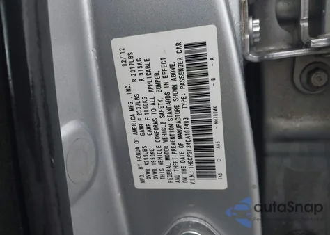 2012 Honda Accord 2.4 Lx z USA, uszkodzony, nr VIN 1HGCP2F34CA107493